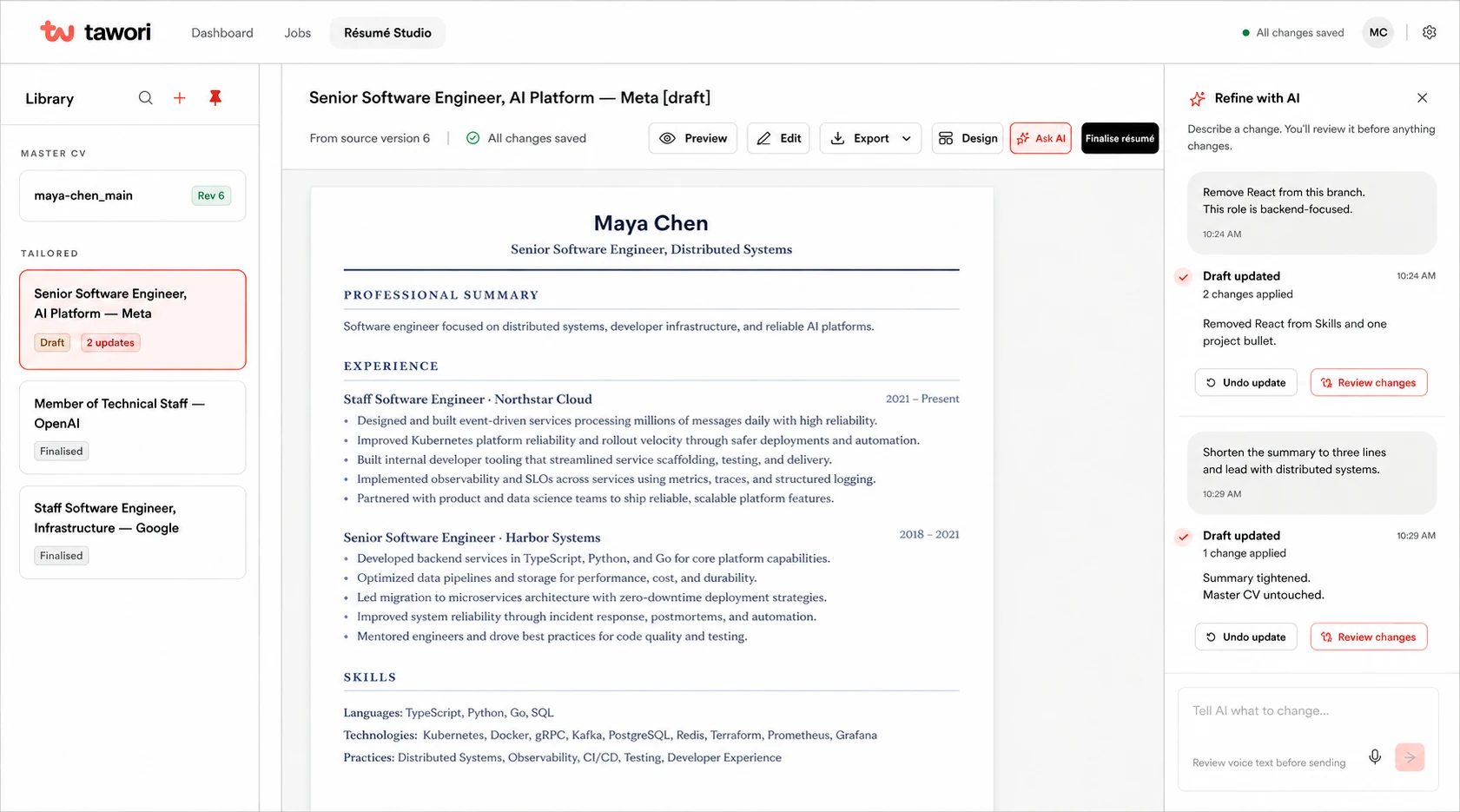 Tawori Resume Studio showing Maya Chen’s tailored resume, the master CV and role-specific versions in the library, and AI edits with review and undo controls.